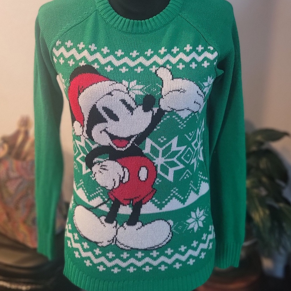 Disney Mickey Mouse Christmas Holiday Sweater Green Fair Isle Womens XS JW0623